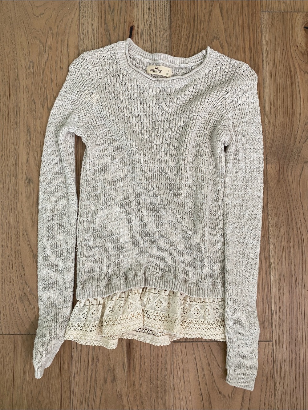 Hollister Light Cream Knit Crew Sweater with Lace Hem